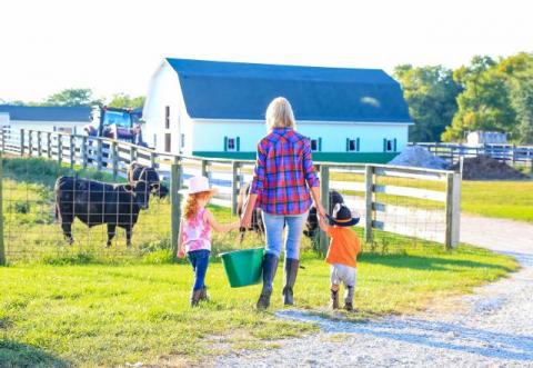 Miller walking with children on a farm